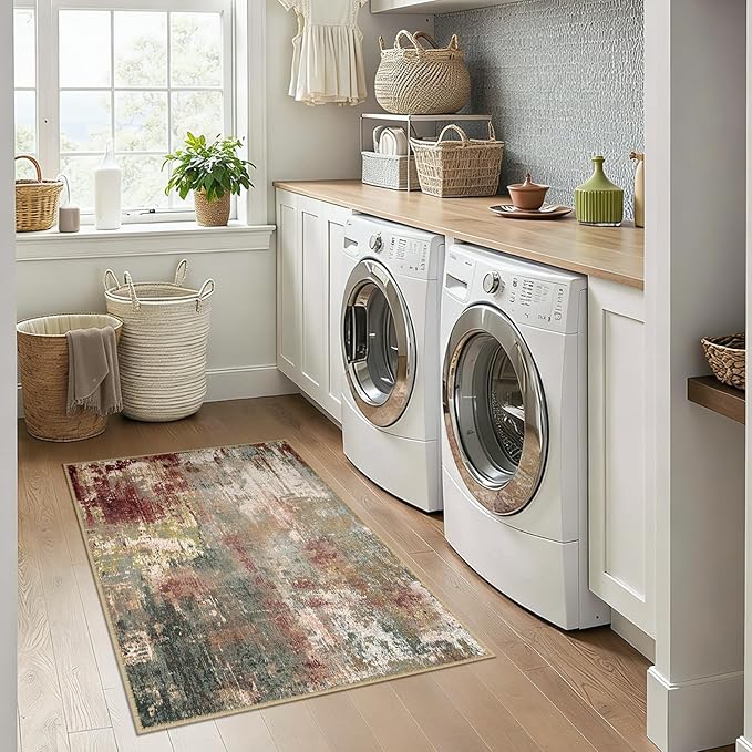 Washable Area Rugs 3x4 Non-Slip Modern Abstract Soft for Living Room Entryway Bedroom Nursery, Print Pattern, Brown Rust Red Green Blue Multi