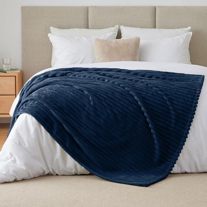 BEDELITE Blankets Queen Size for Bed, 300GSM Soft & Warm Fleece Blanket, Decorative and Giftable Striped Navy Blankets for Women, Men, 90"x90"