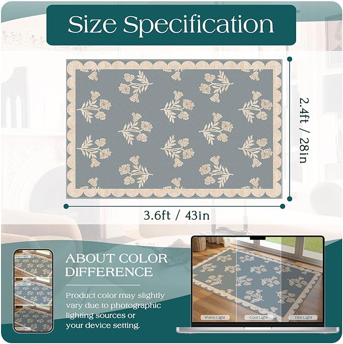 Floral Outdoor Rug - 28" x 43" Front Door Mat Indoor Outside Entrance Non-Slip Washable Outdoor Mat Blue Farmhouse Scalloped Rug for Entryway Kitchen Bedroom Layered Doormat for Front Porch
