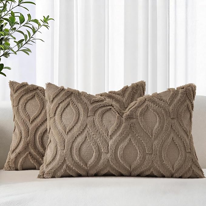 decorUhome Throw Pillow Covers 12x20 Inch Set of 2, Soft Plush Faux Wool Light Brown Solid Couch Pillow Covers, Accent Farmhouse Neutral Rectangle Pillow Cases for Sofa Bed Living Room