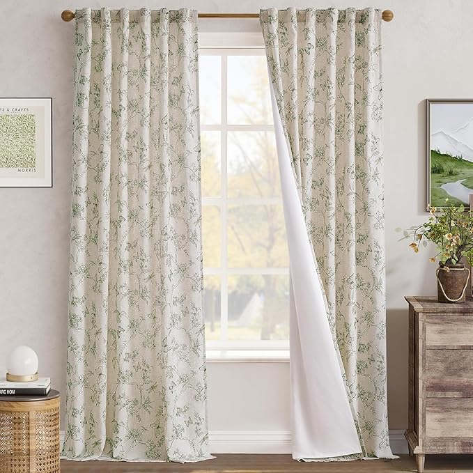 jinchan Floral Curtains Lined Linen Blend Curtain for Living Room 96 Inch Length Sage Green Farmhouse Flower Patterned Curtain French Country Curtains Drapes Back Tab Rod Pocket 2 Panels