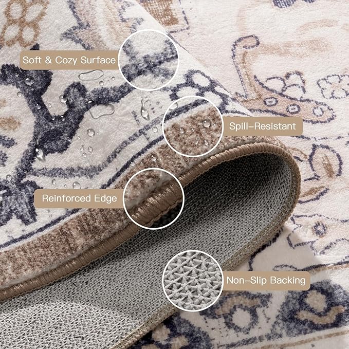Lofus 2x6 Runner Rug for Hallways, Washable Kitchen Rugs, Non-Slip Rugs for Entryway and Bedroom, Vintage Boho Carpet, Soft Low Pile Long Runner Area Rug, Floral Brown