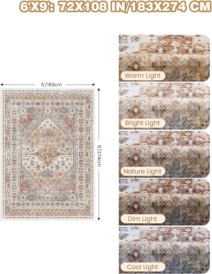 6x9 Area Rugs for Living Room,Soft Low Pile Indoor Washable Rugs for Bedroom, Non-Slip Backing Vintage Large Area Rug, Printed Vintage Floral Carpet(Orange,6'x9')