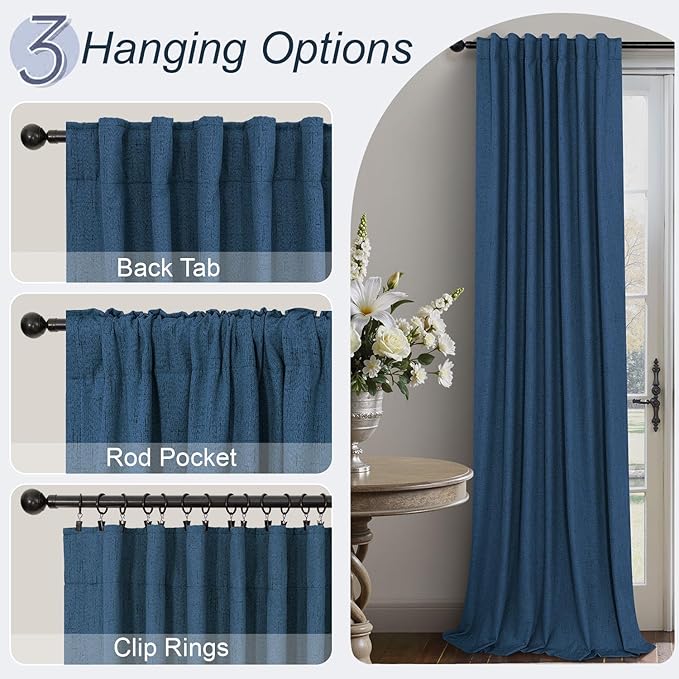 Navy Blue Black Out Curtains 96 Inches Long 2 Panels Linen Textured Blackout Window Treatment Drapes Living Room Darkening Thermal Patio Sliding Glass Door Curtains for Bedroom Dark Indigo 96 Length