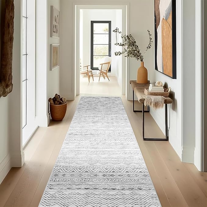 Moroccan 2'6"x8' Kitchen Runner Rug- Washable Rugs for Living Room Non Slip Floor Carpet Rubber Backing Hallway Rug with Low Pile Bedroom Mat 2'6"x8' Gray