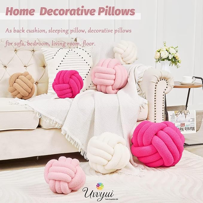 Uvvyui Knot Pillow Ball, Soft Home Decorative Pillows, Round Throw Pillow, Handmade Knotted Plush Pillow, Round Boucle Pillow Cushion (8.6 Inches Pink)