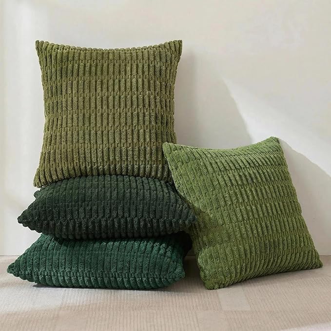 Fancy Homi Set of 4 Green Boho Spring Decorative Throw Pillow Covers 24x24 Inch for Couch Bed Sofa, Aesthetic Modern Bohemian Room Decor, Soft Fuzzy Fluffy Cozy Corduroy Cushion Case 60x60cm