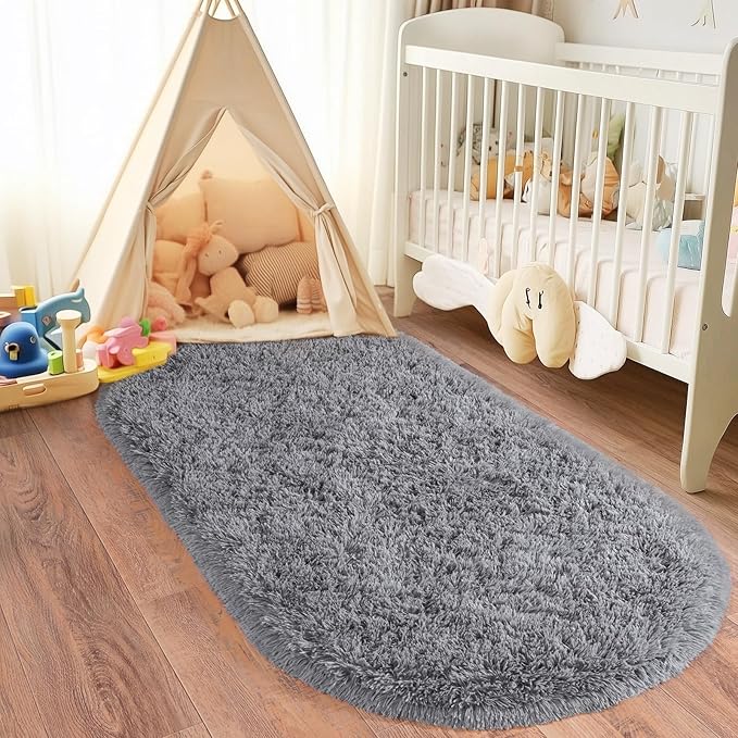 Pionblank Fluffy Oval Area Rug for Bedroom 3.3x6.2 Feet, Cute Plush Throw Rugs for Bedside, Ultra Soft Shag Carpet for Living Room Kids Room Nursery Teens Dorm Home Decor, Grey