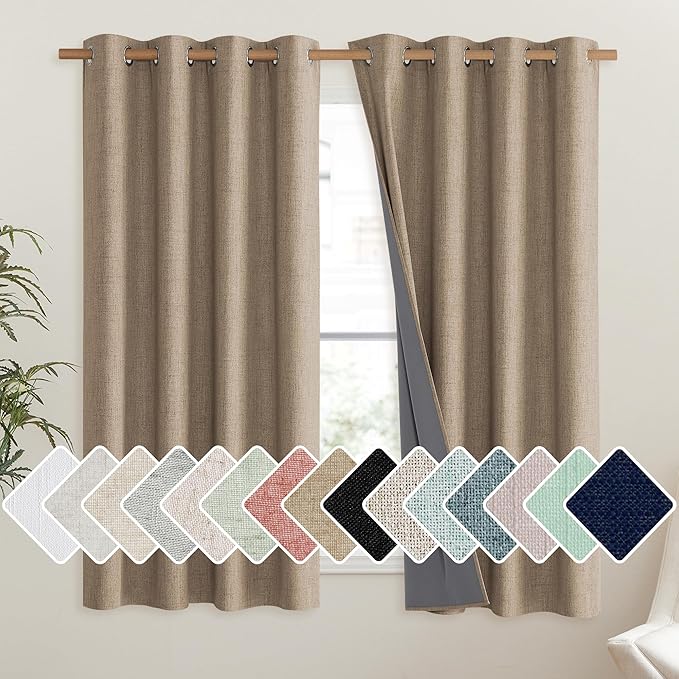 NICETOWN Burlap Vintage Open Linen Weave Flax Thermal Curtains, 100% Blackout Curtains 63" Long for Dining Room, Soundproof Window Treatment Drapes for Hall Room, 52" Wide Per Panel, Set of 2