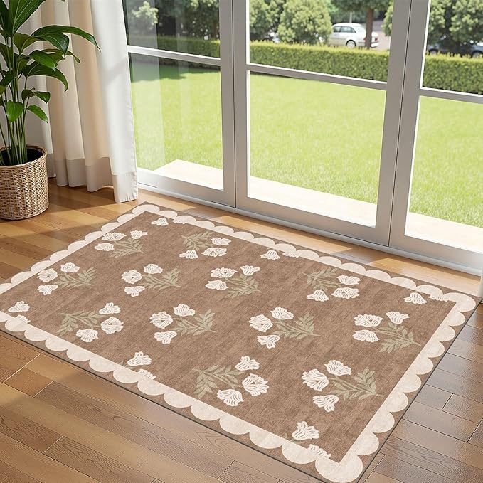 3x5 Floral Entry Rug - Small Washable Indoor Outdoor Mats for Front Door Non-Slip Porch Rug Tan Boho Neutral Farmhouse Throw Rugs for Living Room Bedroom Entryway Kitchen Office Porch Decor
