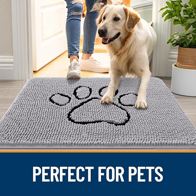 OLANLY Dog Door Mat for Muddy Paws 30x20, Paw Print Design, Absorbs Moisture and Dirt, Non-Slip Washable Doormat, Quick Dry Chenille Mud Mat for Dogs, Entry Indoor Entryway Carpet, Light Grey