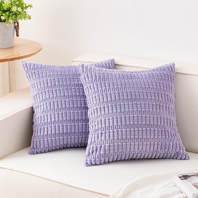 Pack of 2 Corduroy Decorative Throw Pillow Covers 18x18 Inch Soft Striped Pillow Covers Modern Farmhouse Home Decor for Sofa Living Room Couch Bed（Purple）