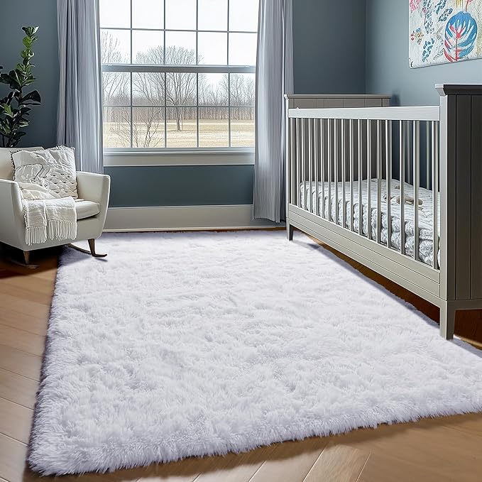 ONASAR White 6x9 Area Rugs for Living Room Bedroom, Large Fluffy Bedside Throw Rug, Soft Plush Shaggy Fuzzy Floor Carpet for Nursery Kids Girls Boys Teen Dorm Home Office Decor Aesthetic