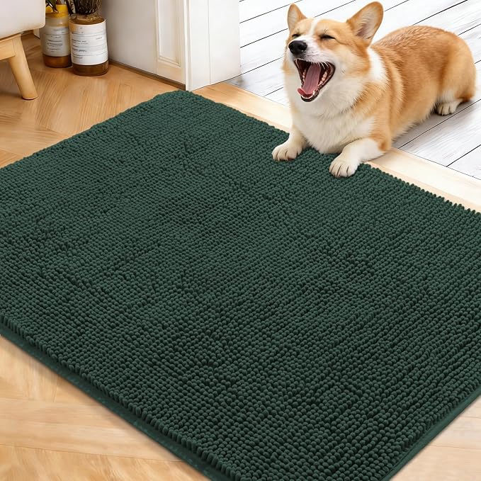 OLANLY Dog Door Mat for Muddy Paws 40x32, Absorbs Moisture and Dirt, Absorbent Non-Slip Washable Doormat, Quick Dry Chenille Mud Mat, Entry Indoor Entryway Carpet for Inside Floor, Blackish Green