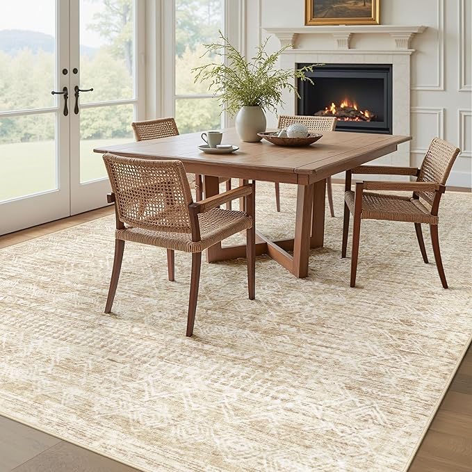 Living Room Rugs 8x10: Washable Moroccan Geometric Boho Rug Farmhouse Non Slip Stain Resistant Large Rug Low Pile Soft Carpet for Bedroom Dining Room Children Room (Beige,8'x10')
