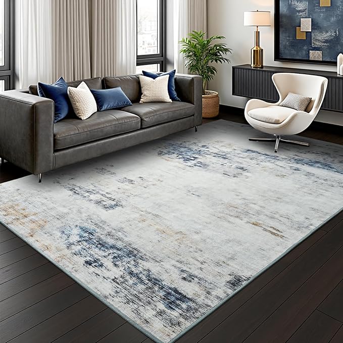 Toneed Abstract Area Rug Modern Washable Rug Soft Non Slip Rug Low Pile for Bedroom Living Room Dining Room Blue/White 3x5 Feet