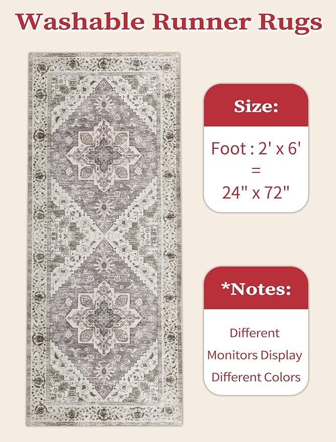 SERISSA Boho Washable Runner Rug, 2x6 Rug Non-Slip Vintage Earth Tone Hallway Kitchen Runner Rug Ultra Soft Print Distressed Floor Carpet for Bedroom Bathroom Laundry Room