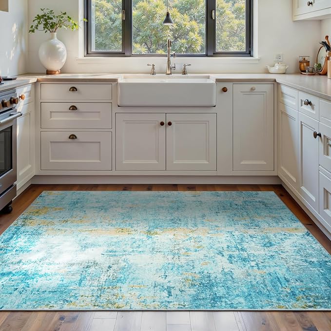 Area Rug 4x6 Teal Blue Rug Washable Boho Rugs Non Slip Low Pile Abstract Small Carpet for Entryway, Bedroom, Kitchen, Classroom, Kids Room, Office, Dorm, Dining Room
