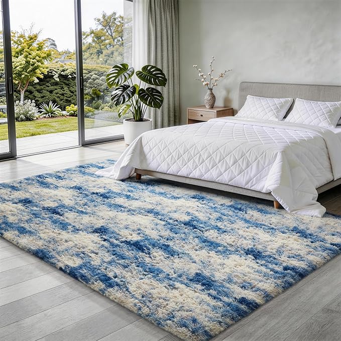 Ophanie Blue White and Grey Area Rugs for Living Room 5x7, Fluffy Shag Large Fuzzy Plush Soft Carpets, Floor Shaggy Rugs for Bedroom, Carpet for Kids Boys Girls Dorm Nursery Home Decor Aesthetic