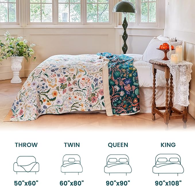 MSGKV The Boho Layer: 60"x80" Cotton Throw Blanket – Full Size for Couch Snuggles, Twin Bed Topper | Lightweight & Breathable Reversible Maximalist Colorful Floral, Decorative Accent