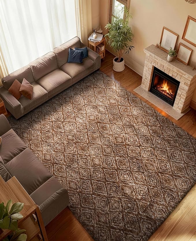 Ophanie Brown and White Diamond Striped Rugs for Living Room 6x9, Fluffy Shag Large Fuzzy Plush Soft Carpets, Shaggy Rugs for Bedroom, Carpet for Kids Boys Girls Dorm Nursery Home Decor Aesthetic