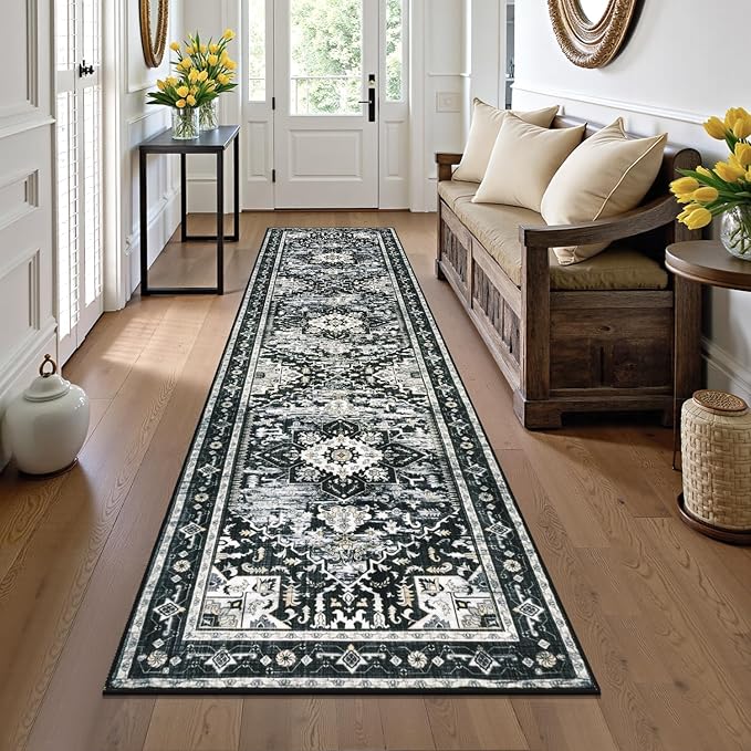Yamaziot Washable Runner Rug, 2x8 Non-Slip Boho Vintage Hallway Rug Runner with Rubber Backing, Stain Resistant & Low Pile Distressed Carpet Runner for Bedroom, Kitchen, Laundry, Entrance, Black