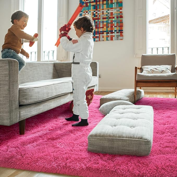 Amearea Shag Fluffy Area Rug for Bedroom Girls Living Room, Extra Soft and Fuzzy Shaggy Rugs, Non Slip, Solid Color Carpet Mat for Boys Nursery Home, Hot Pink 5.3x7.5 Feet