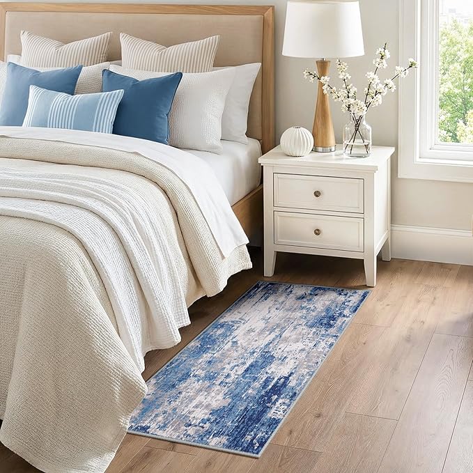 Washable Area Rugs 2'x5' Non-Slip Modern Abstract Soft for Living Room Entryway Bedroom Nursery, Print Pattern, Blue Grey Navy Gray