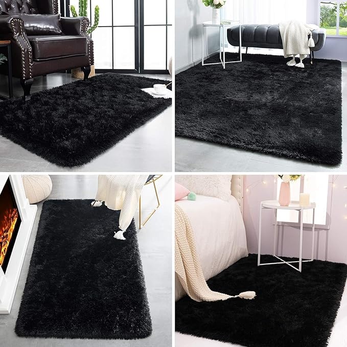TWINNIS Super Soft Shaggy Rugs Fluffy Carpets,7x10 Feet, Indoor Modern Plush Area Rugs for Living Room Bedroom Kids Room Nursery Home Decor, Upgrade Anti-Skid Rectangular Fuzzy Rug, Black