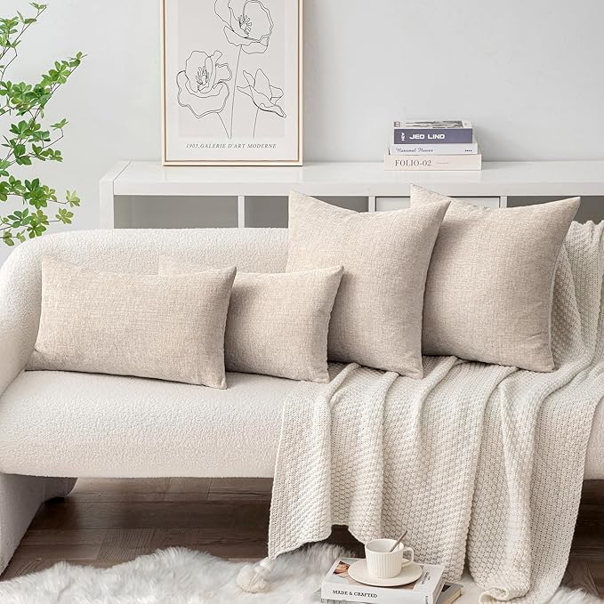 MIULEE Pack of 2 Couch Throw Pillow Covers 12x20 Inch Soft Light Brown Chenille Lumbar Pillow Covers for Sofa Living Room Solid Dyed Cases