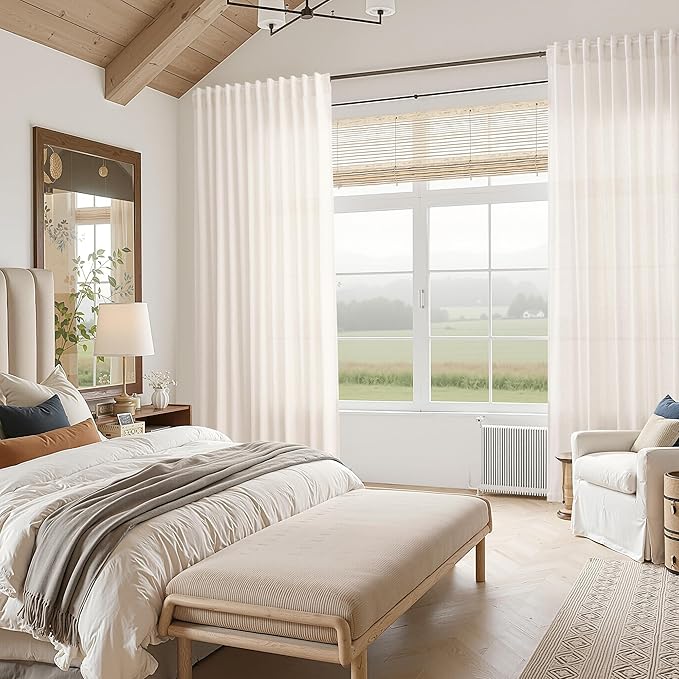 Ivory White Linen Curtains 90 inch for Living Room Back Tab Rod Pocket Semi Sheer Cotton Textured Gauze Curtain Modern Farmhouse Coastal Decor 90 inches for Dining Room Office