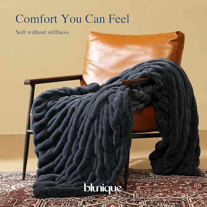 Ultra Soft Cozy Faux Fur Throw Blanket, Fuzzy Plush Thick Bubble Blanket, Oversize Luxury Fluffy Blanket for Couch, Sofa, Bedroom, and Living Room,50x60 Inches,Double Sided Charcoal Gray