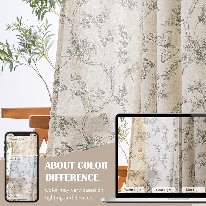 jinchan Floral Curtains Lined Linen Blend Curtain for Living Room 63 Inch Length Grey Farmhouse Curtains French Country Flower Gray Patterned Curtain Drapes Back Tab Rod Pocket 2 Panels