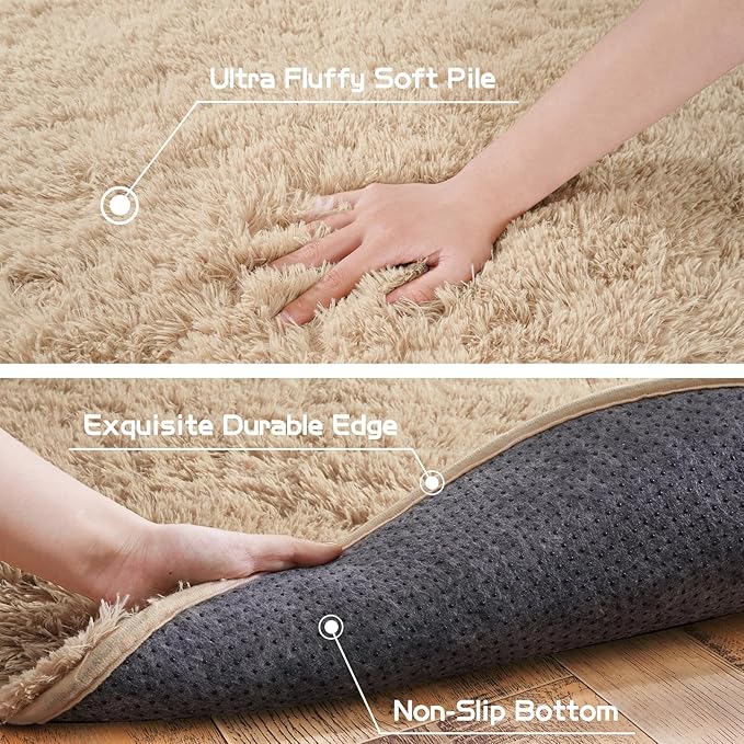 Pionblank Fluffy Area Rug for Bedroom 3.3'x6.2', Shag Oval Rug for Bedside, Ultra Soft Cute Plush Carpet for Living Room Kids Girls Boys Room Nursery Teens Dorm Home Decor, Camel
