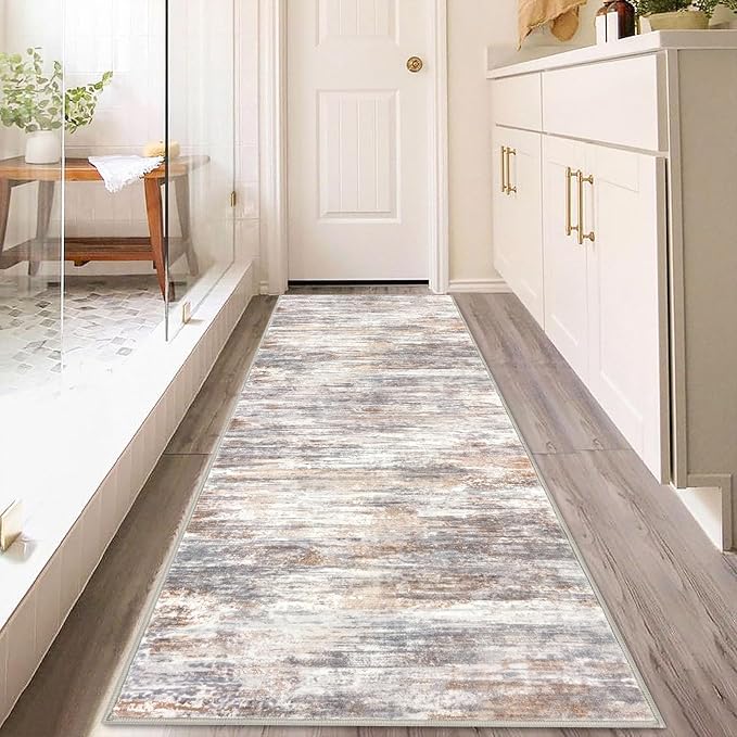 KOZYFLY 3x8 Ft Rug Modern Ombre Runner Rug for Hallway, Washable Kitchen Rugs Non-Slip Soft Striped Entryway Rug, Print Multi Grey/Orange Abstract Carpet for Laundry Nursery