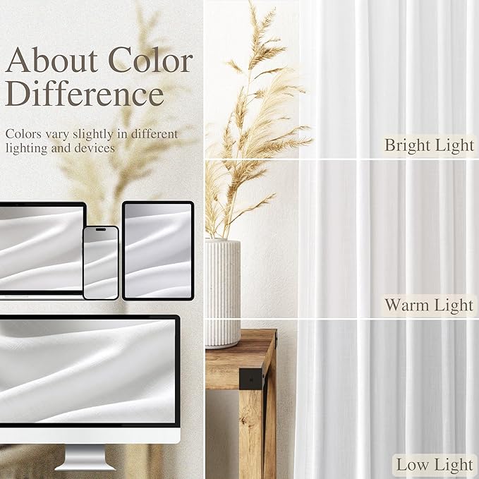 Nanspring Linen White Curtains 118 Inch Extra Long for Living Room Back Tab Light Filtering Semi Sheer Drapes Farmhouse Decor Linen Textured Curtain for Floor to Ceiling Window 2 Panels Set 52x118