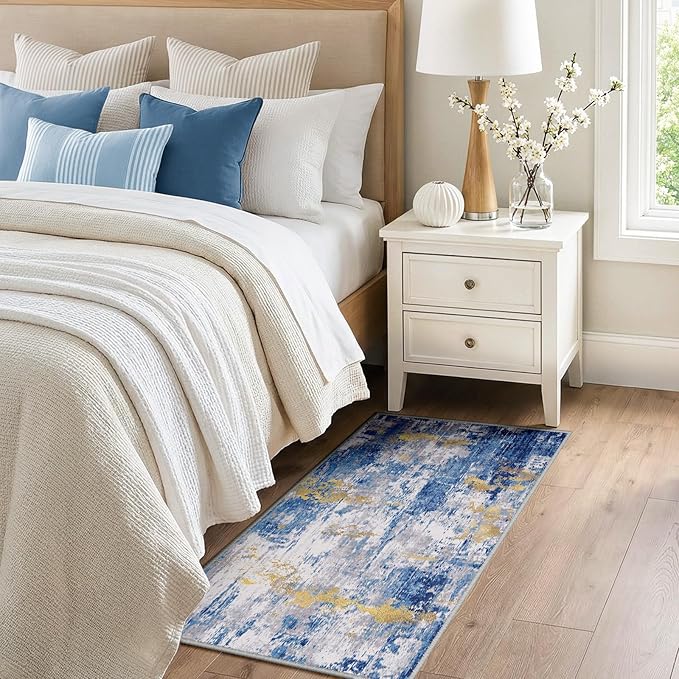 Washable Area Rugs 2'x5' Non-Slip Modern Abstract Soft for Living Room Entryway Bedroom Nursery, Print Pattern, Grey Blue Gold/Golden