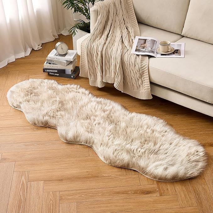 MIULEE Luxury Super Soft Fluffy Area Rug Faux Fur Sheepskin Rug Decorative Plush Shaggy Carpet for Bedside Sofa Floor Nursery 2 x 6 Feet, Beige