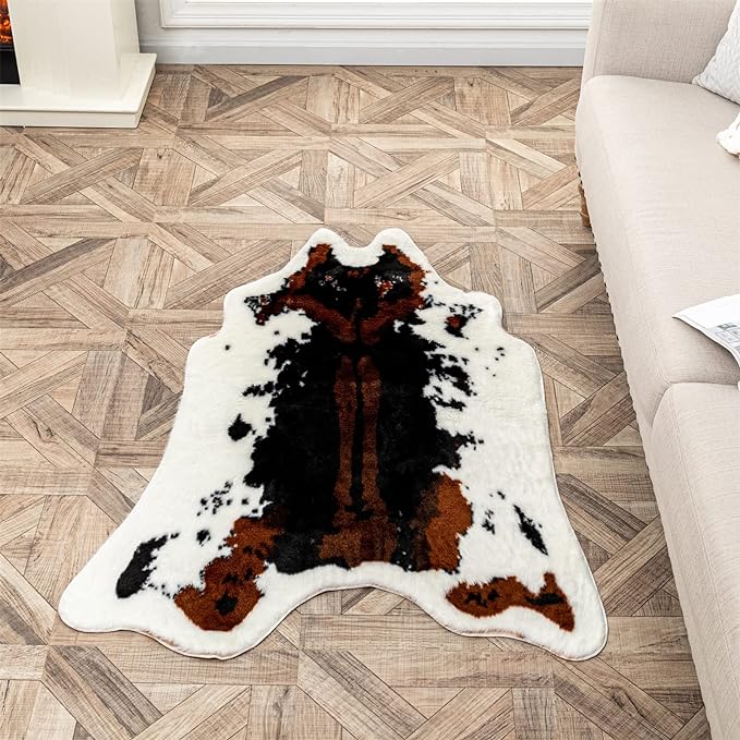 Faux Cowhide Rug Cow Print Area Rug Premium Faux Animal Skin Hide Rugs Tricolor Decor Carpet Non-Slip Small Cowhide Rugs Mat for Bedroom Living Room Office Kitchen 43.3X33.4Inches