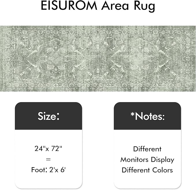 Hallway 2x6 Washable Runner - Non-Slip Vintage Long Rug for Entryway Low-Pile Medallion Runner for Hallway Waterproof Traditional Runners Indoor Thin Rug for Kitchen (Muted Sage Green, 2x6)