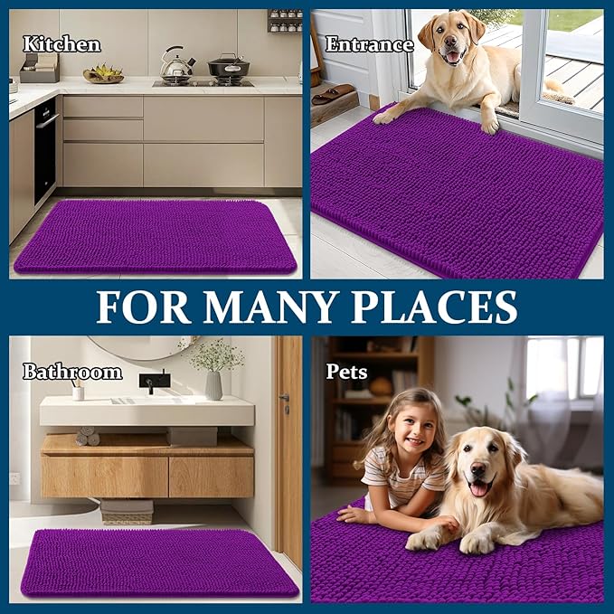 OLANLY Dog Door Mat for Muddy Paws 47x20, Absorbs Moisture and Dirt, Absorbent Non-Slip Washable Doormat, Quick Dry Chenille Mud Mat for Dogs, Entry Indoor Entryway Carpet for Inside Floor, Purple