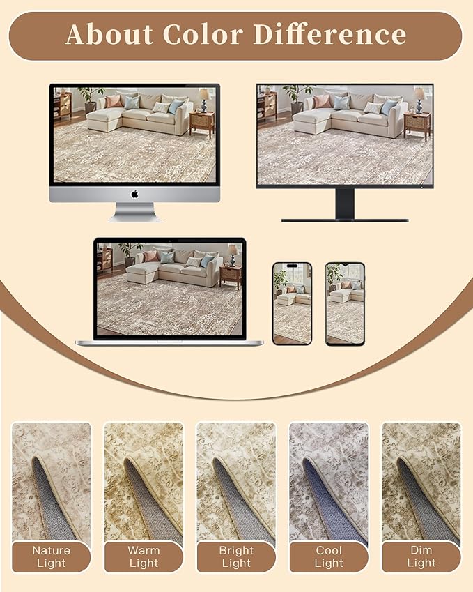 Madane 9x12 Area Rugs for Living Room, Machine Washable Rug with Non-Slip Backing, Soft Vintage Large Throw Rug, Floral Print Floor Neutral Carpet for Bedroom Dining Room (9 x 12, Beige/Brown)