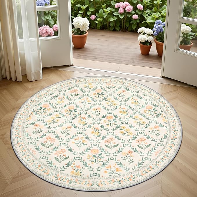 Round Area Rug for Living Room: 4 ft Floral Washable Circle Rug Soft Non-Slip Carpet Indoor Stain Resistant Low Pile Small Circular Rug for Bedroom Entryway Kitchen Nursery Home Office Beige/Multi