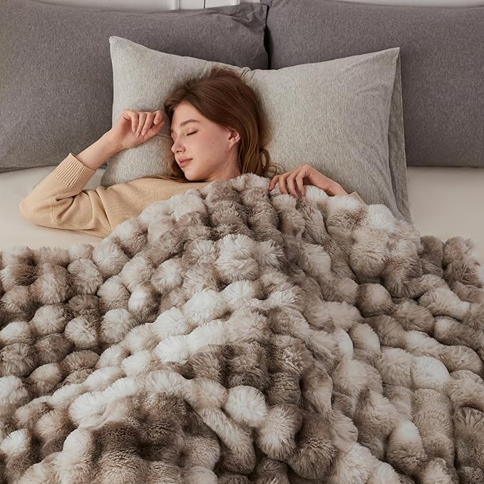 COOVA Faux Fur Throw Blanket for Couch, Cozy Soft and Fuzzy Plush Rabbit Fur Bubble Blanket for Sofa Bedroom Living Room, 60x80 Inches Tie Dye Brown