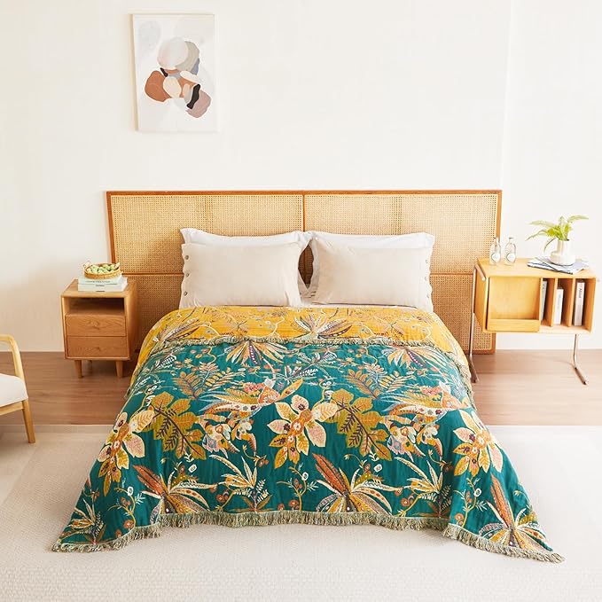 MSGKV Boho Throw Blanket for Bed Twin Size 100% Cotton Floral Blanket 60"x80" Couch Blankets Muslin Spring Breathable All Seasons Lightweight Farmhouse Blankets Home Decor