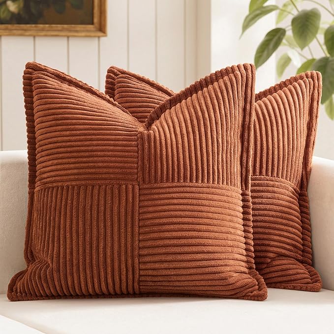 MIULEE Dark Rust Decorative Throw Pillow Covers for Couch Bed Livingroom 20x20 Inch Set of 2 Boho Accent Throw Pllows Broadside Striped Patchwork Soft Corduroy Pillowcases