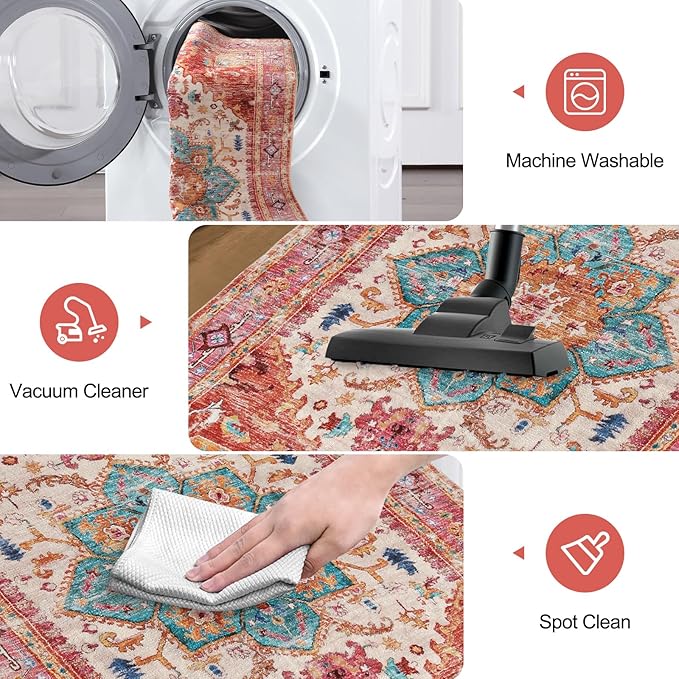 Yamaziot Washable Runner Rug, 2x10 Non-Slip Boho Vintage Hallway Rug Runner with Rubber Backing, Stain Resistant Distressed Carpet Runner for Bedroom, Kitchen, Laundry, Entrance
