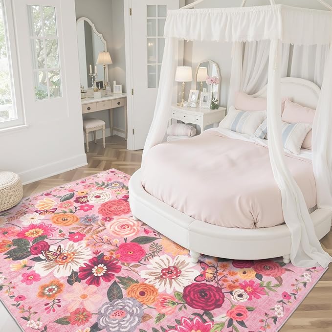 Pink Floral Girls Room Rug 5x7, Non-Slip Washable Rugs for Bedroom Living Room Nursery Kitchen Dining Room Indoor, Ultra-Thin Soft Stain Resistant Girls Room Decor(5 x 7, Pink Garden)