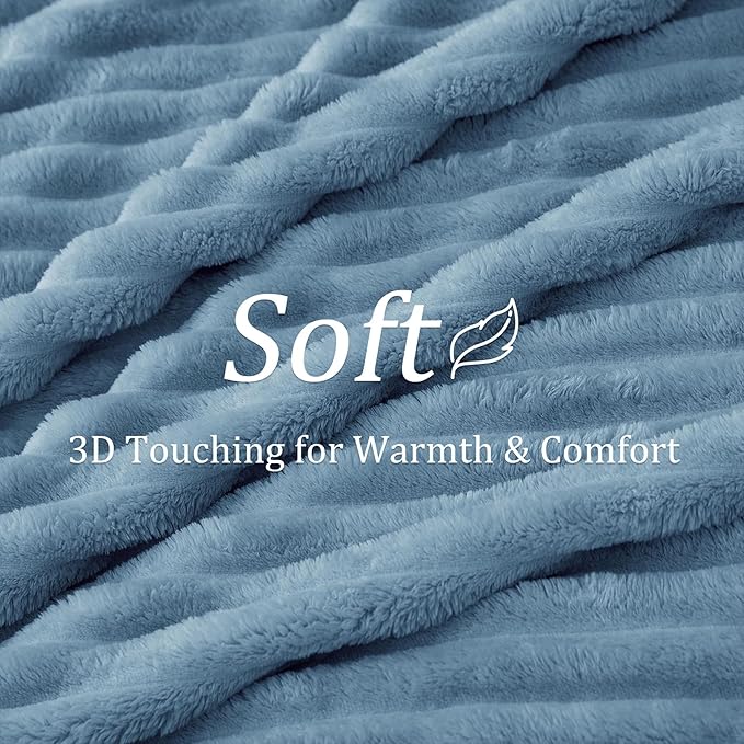 BEDELITE Blankets Queen Size for Bed, 300GSM Soft & Warm Fleece Blanket, Decorative and Giftable Striped Light Blue Blankets for Women, Men, 90"x90"