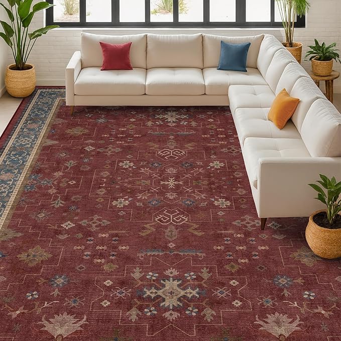 Hazo Haus Oriental 8x10 Large Area Rugs for Living Room - Burgundy Rug for Bedroom Under Bed, Dining Room Under Kitchen Table, Washable Soft Non Slip Unique Indoor Décor